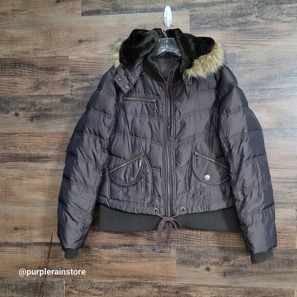 Vtg Y2K MIXIT Quilted Puffer Bomber Jacket Coat 1X Faux Fur Hood Brown Aviator - Picture 1 of 11